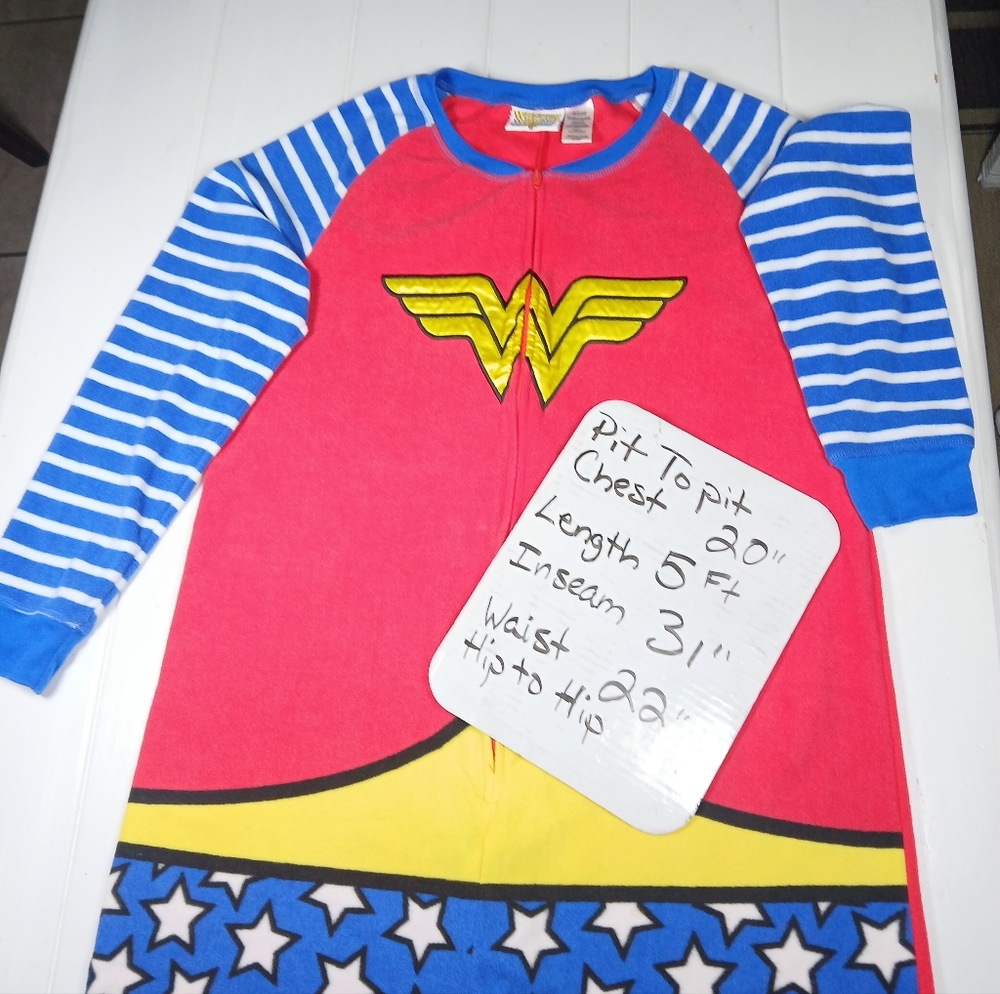 Sz L/XL DC Comics Wonder Woman Super Hero Fleece One Piece Pajamas Zip Costume